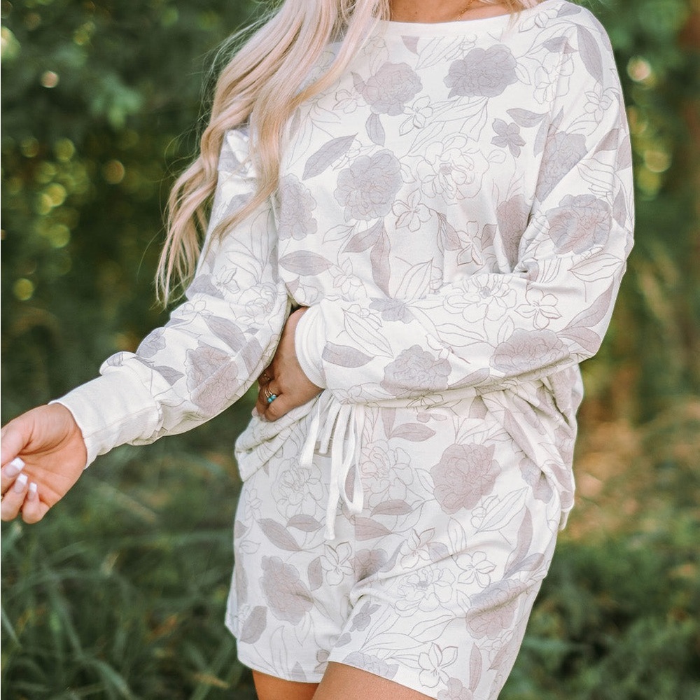 White Floral Print Top & Drawstring Shorts Loungewear Set - Picture 1 of 3